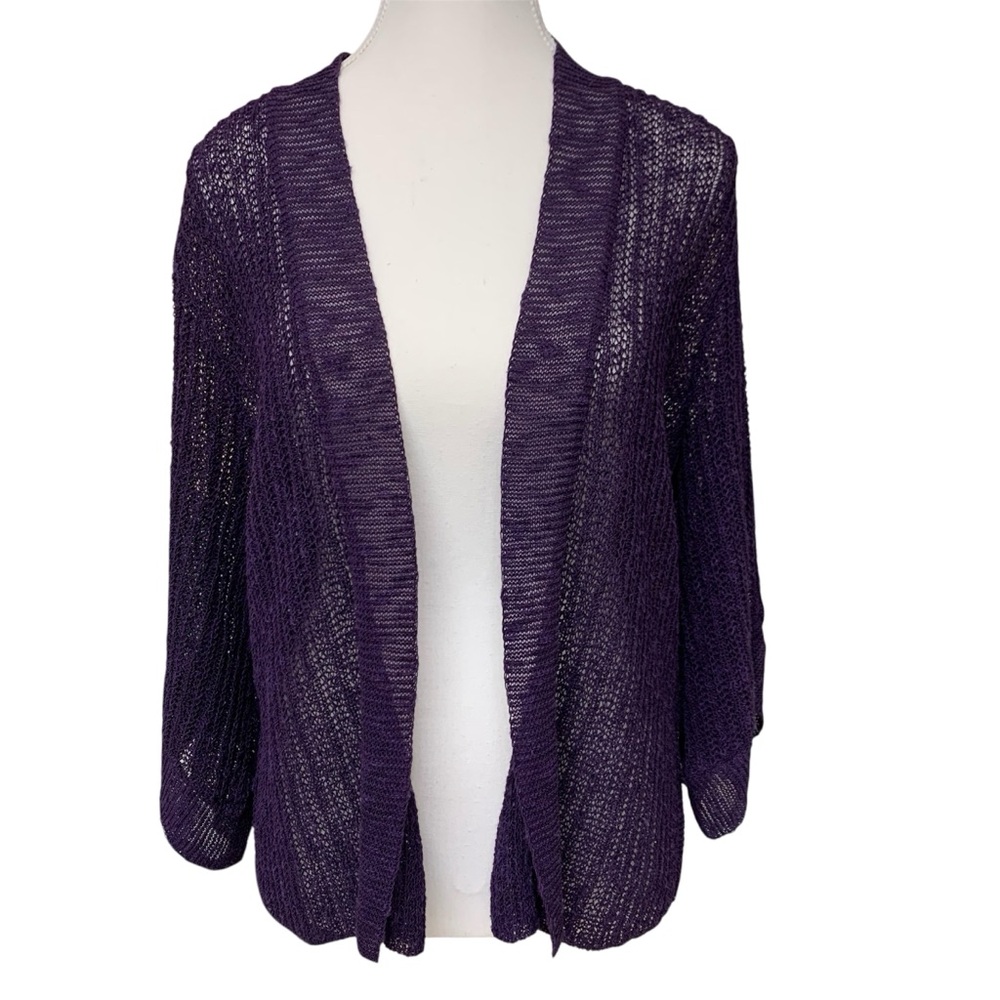 Eileen Fisher Purple Open Front Knit Linen Cotton Blend Cardigan 3/4 Sleeve Sz M